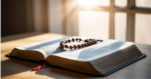 Open Jewish prayer book with memorial beads resting on the pages in soft light
